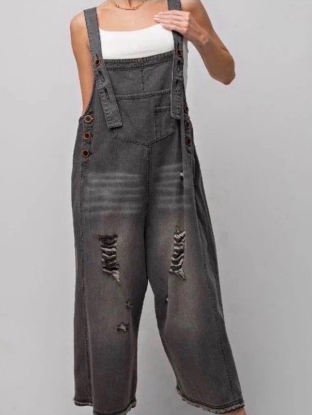 Distressed Wide-Leg Denim Overalls - Gray